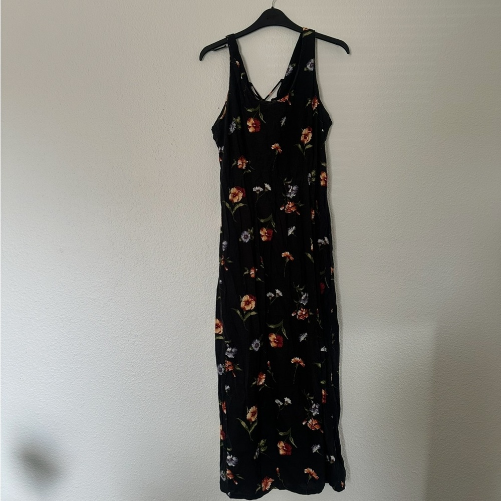 Vintage Cristin Stevens Black Floral Sleeveless Flowy Summer Maxi Dress Tie Up